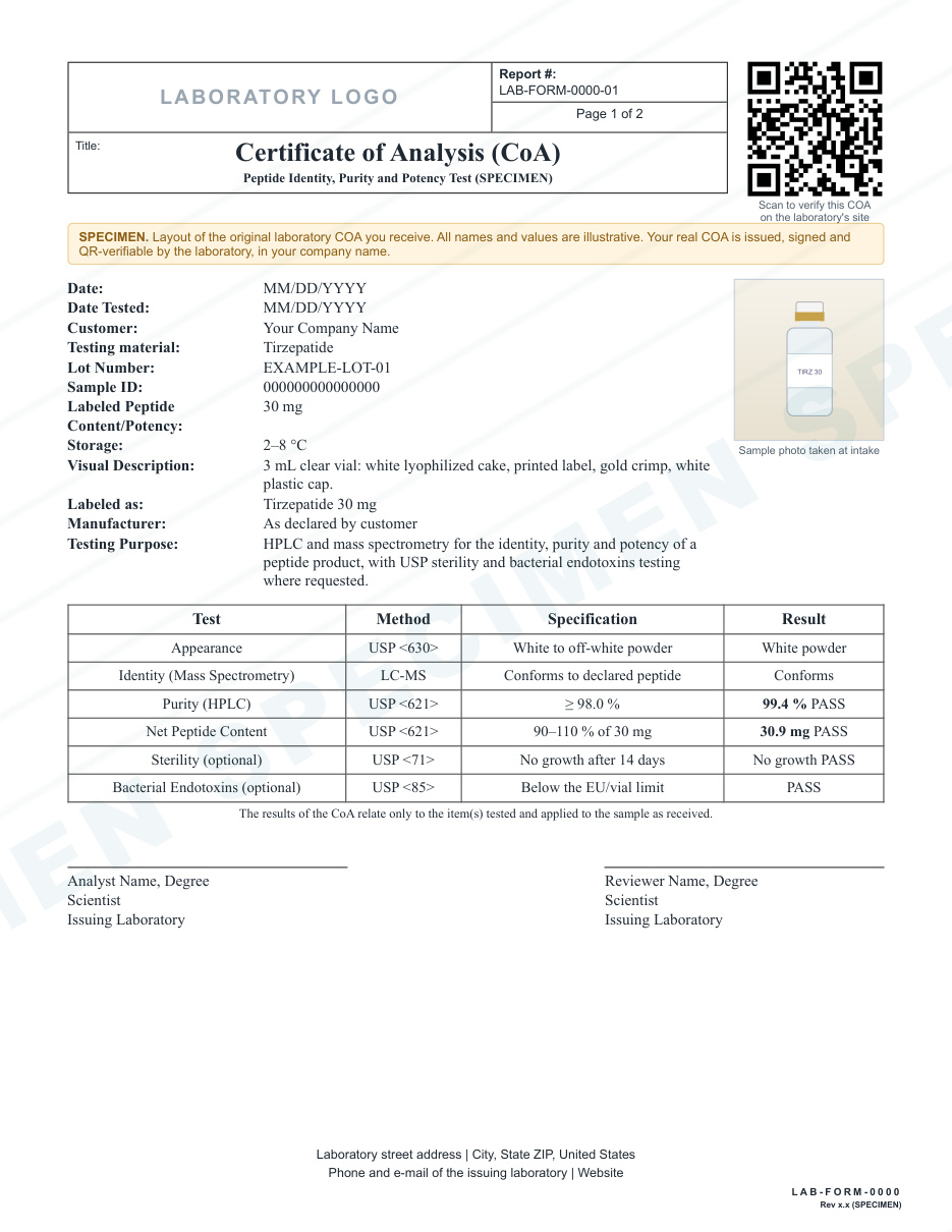 Specimen Peptology Certificate of Analysis, page 1